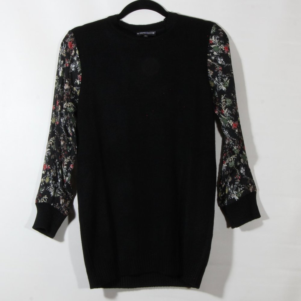 The Pyramid Collection Black Long Sleeve Top w/ Sheer Floral Sleeves Size Small